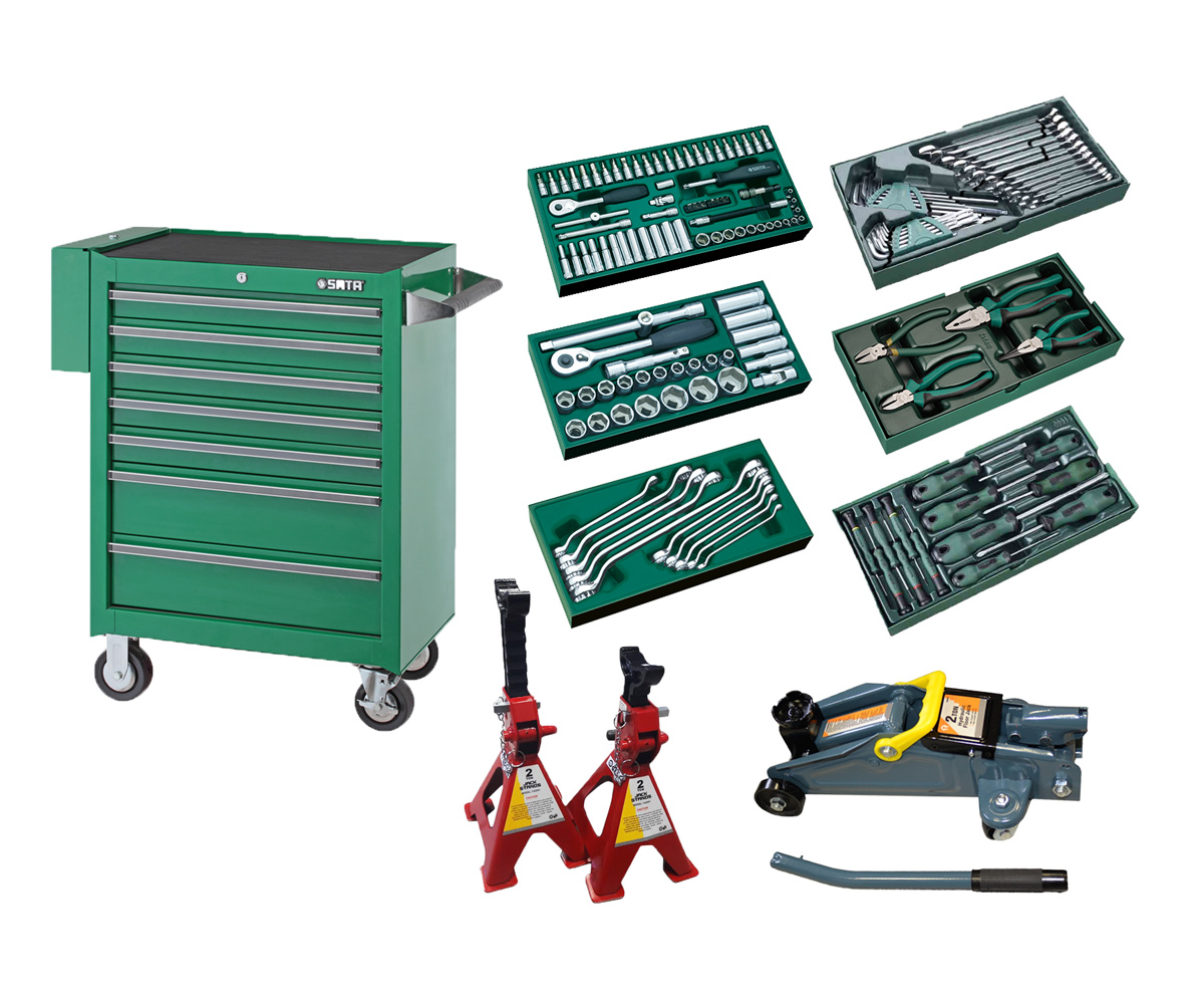 Wózek narzędziowy 7 szuflad 150 narzędzi SATA 95107-150 z podnośnikiem i kobyłkami gratis