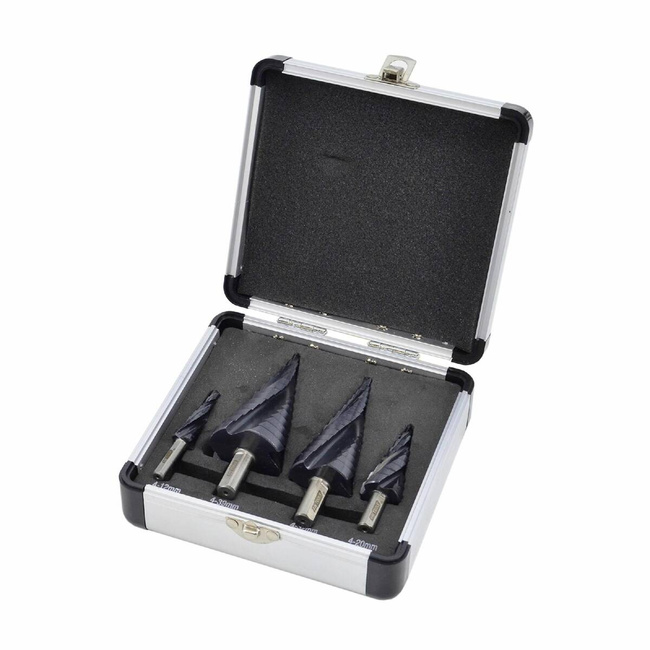 AWTOOLS WIERTŁO STOPNIOWE SPIRALNE M2-TiAlN / Kpl. 4 szt. / 4-12mm / 4-20mm / 4-32mm / 4-39mm /BL