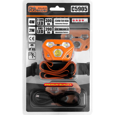 LATARKA NA GŁOWĘ AKU 4W + 2W SMD LED, IP65, CZUJNIK RUCHU RICHMANN EXCLUSIVE C5905