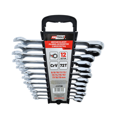 AWTOOLS KLUCZE PŁASKO-OCZKOWE Z GRZECHOTKĄ KOMPLET 12 szt. 8-19 mm