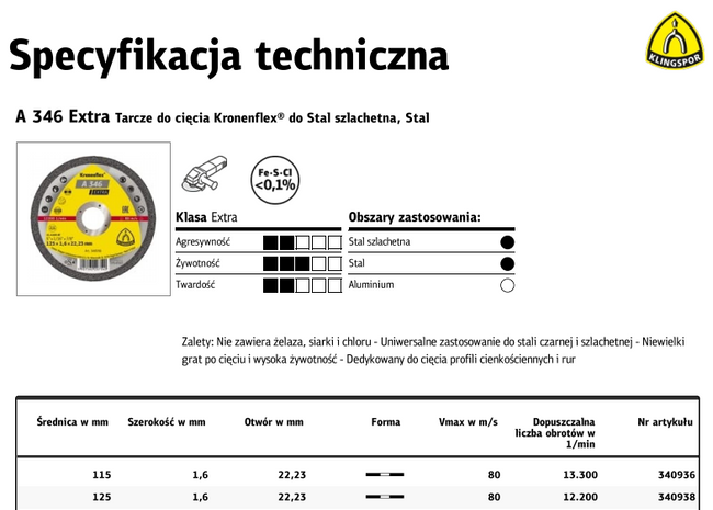 KLINGSPOR TARCZA DO CIĘCIA METALU 115mm x 1,6mm x 22,2mm A346 Extra
