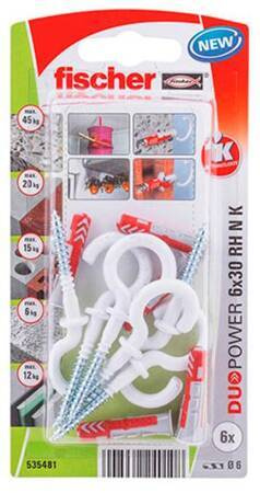 FISCHER KOŁEK DUOPOWER  6x30 Z HAKIEM OKRĄGŁYM /6szt. BIAŁE