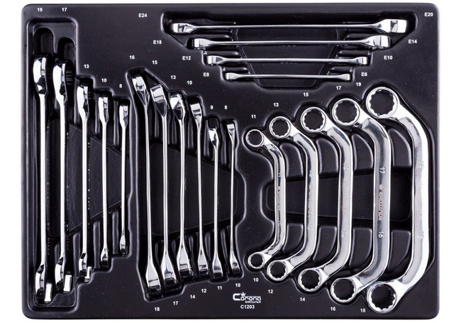 Zestaw kluczy płasko oczkowych z grzechotką, oczkowych TORX, kluczy do przewodów hamulcowyc, kluczy typu "C" Corona Exclusive C1203