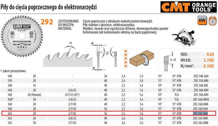 PIŁA DO CIĘCIA POPRZECZNEGO, OBRÓBKA WYKAŃCZAJĄCA HM 165x20x2,2/1,6 Z=56