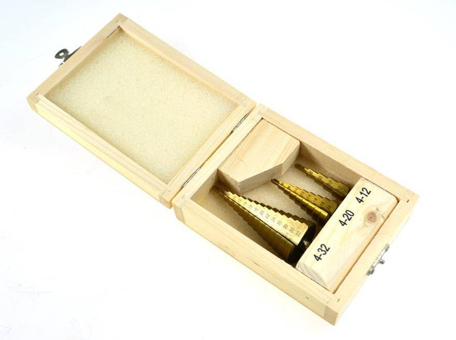 AWTOOLS WIERTŁA STOPNIOWE HSS-TIN KOMPLET 3 SZTUKOWY / 4-12mm / 4-20mm / 4-32mm