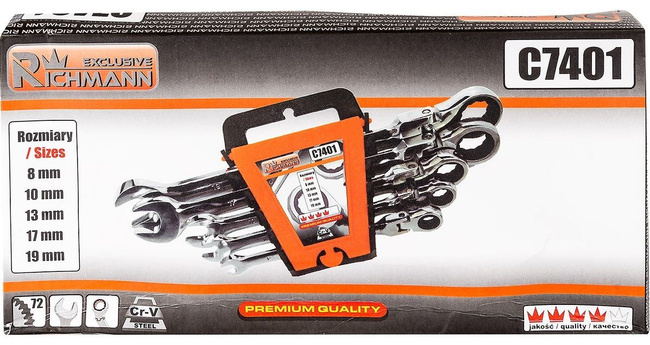 Klucze płasko oczkowe z grzechotką przegubową 8-19 mm 5 szt. Corona Exclusive C7401