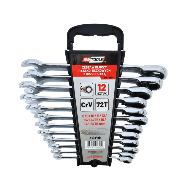 AWTOOLS KLUCZE PŁASKO-OCZKOWE Z GRZECHOTKĄ KOMPLET 12 szt. 8-19 mm