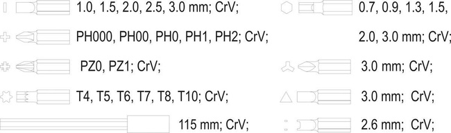 VOREL WKRĘTAK Z GRZECHOTKĄ I WYMIENNYMI BITAMI 31szt.   65025