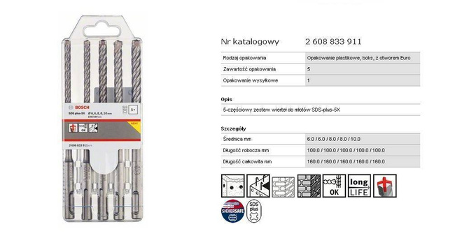 BOSCH WIERTŁO SDS PLUS-5X KPL. 5szt. 6/6/8/8/10x160mm