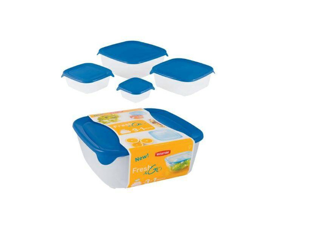 "CURVER ZESTAW POJEMNIKÓW KWADRATOWYCH 
FRESH&GO 0,8L + 1,7L + 2,9L + 0,25L   /NIEBIESKI/ TRANSPAREN
