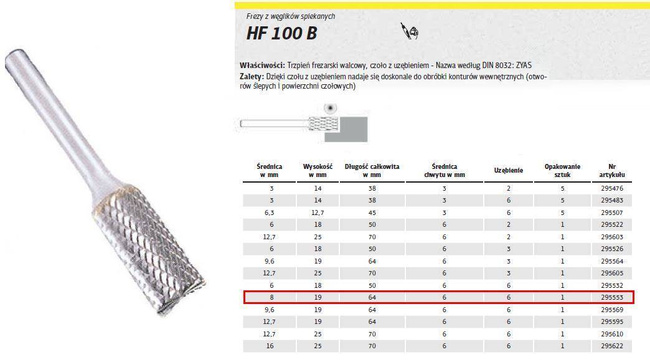 KLINGSPOR FREZ DO METALU HF 100 B FI=8,0x19mm TRZPIEŃ 6mm TYP ZYAS, WALCOWY