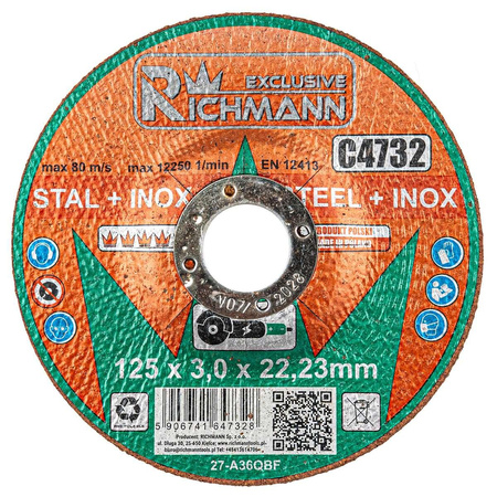 TARCZA METAL + INOX 125x3 DO SZLIFIEREK AKU., WYPUKŁA RICHMANN EXCLUSIVE C4732
