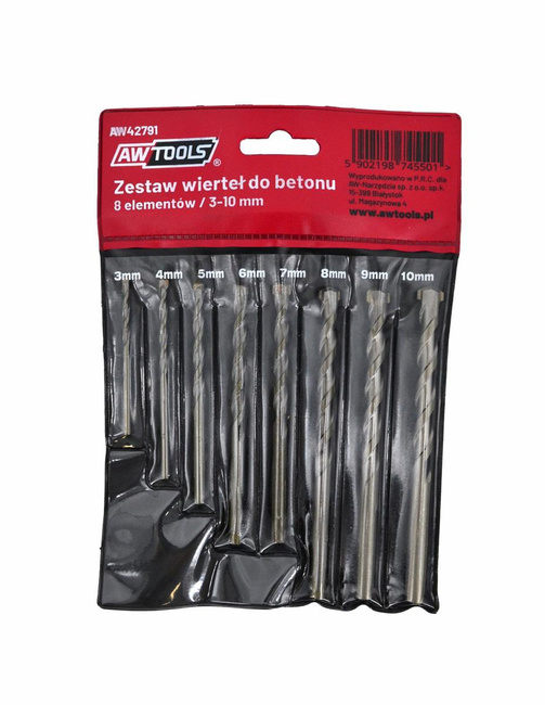 AWTOOLS WIERTŁA  DO BETONU KOMPLET  8elem. /3-4-5-6-7-8-9-10mm/