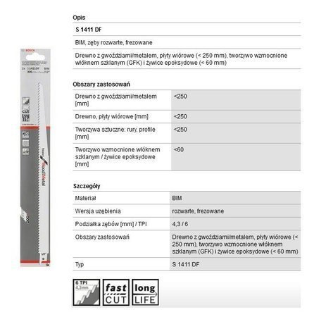 BOSCH BRZESZCZOT DO PIŁY SZABLASTEJ S1411DF 300mm 2szt. DREWNO METAL
