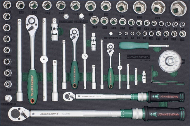 Zestaw nasadek 1/4" 3/8" 1/2" i kluczy dynamometrycznych 10-200Nm 65szt. we wkładce EVA T27165SV