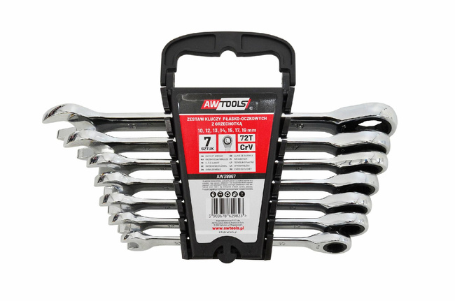 AWTOOLS KLUCZE PŁASKO-OCZKOWE Z GRZECHOTKĄ KOMPLET 6 szt. 8-19mm Z PRZEŁĄCZNIKIEM