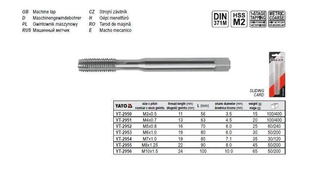 YATO GWINTOWNIK MASZYNOWY M3, DIN 371 HSS M2   2950