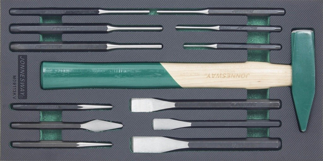 Zestaw przecinaków, wybijaków i młotka 13 szt. we wkładce EVA Jonnesway M09113KV