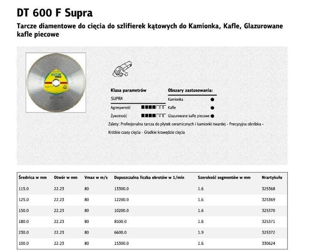 KLINGSPOR TARCZA DIAMENTOWA PEŁNA 125mm x 1,6mm x 22,2mm DT600F SUPRA, DO CERAMIKI