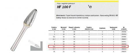 KLINGSPOR FREZ DO METALU HF 100 F FI=9,6x19mm TRZPIEŃ 6mm TYP RBF, HIPERBOLICZNY-POŁOKRĄGŁY