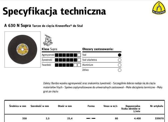 KLINGSPOR TARCZA DO CIĘCIA METALU 350*2,5*25,4  A630N Supra