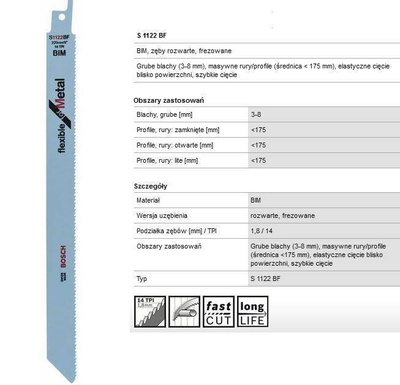 BOSCH BRZESZCZOT DO PIŁY SZABLASTEJ S1122BF 225mm METAL /5szt