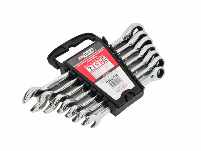 AWTOOLS KLUCZE PŁASKO-OCZKOWE Z GRZECHOTKĄ KOMPLET 6 szt. 8-19mm Z PRZEŁĄCZNIKIEM