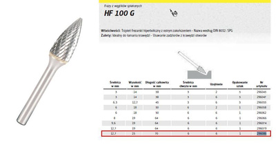 KLINGSPOR FREZ DO METALU HF 100 G FI=12,7x25mm TRZPIEŃ 6mm TYP SPG, HIPERBOLICZNY-SZPIC