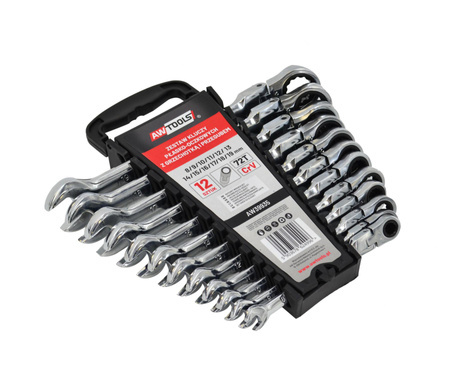 AWTOOLS KLUCZE PŁASKO-OCZKOWE Z GRZECHOTKĄ PRZEGUBOWE KOMPLET 12szt. 8-19mm