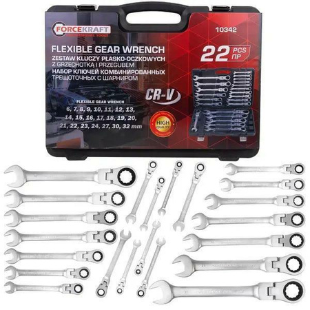 KLUCZ PŁASKO-OCZKOWY Z GRZECHOTKĄ PRZEGUBOWY kpl. 22szt.  /FORCEKRAFT