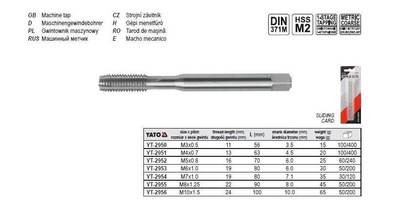 YATO GWINTOWNIK MASZYNOWY M3, DIN 371 HSS M2   2950