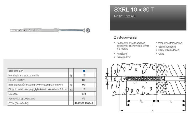 FISCHER KOŁEK ROZPOROWY SXRL 10 x 80 T40 50szt
