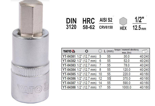 YATO KLUCZ TRZPIENIOWY IMBUSOWY/HEX 1/2"  8x55mm