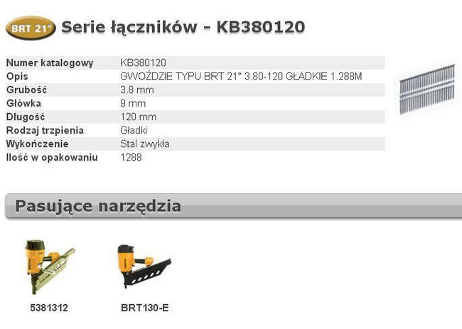 BOSTITCH GWOŹDZIE BRT21 3,80 x 120mm 1288 szt. KB380120
