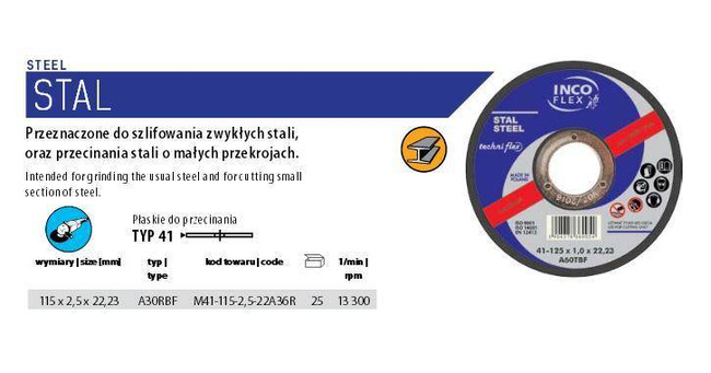INCOFLEX TARCZA DO CIĘCIA METALU  115 x 2,5 x 22,2mm