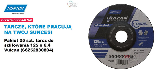 NORTON TARCZA DO SZLIFOWANIA VULCAN 125mm x 6,4mm A30P DO METALU  /25szt.