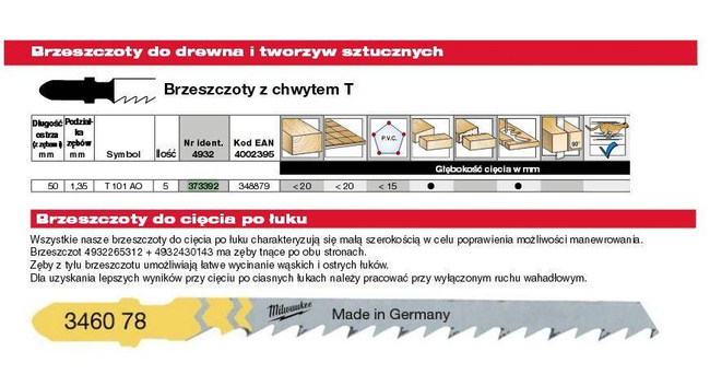 MILWAUKEE BRZESZCZOT DO WYRZYNARKI T101AO 50mm KOMPLET - 5szt. DREWNO/PCV,  CIĘCIE PO ŁUKU