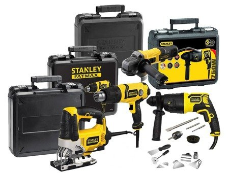Zestaw elektronarzędzi Stanley FatMax: szlifierka kątowa 850W 125 mm + wyrzynarka 710W + opalarka elektryczna 2000W  + młotowiertarka SDS-Plus 750W
