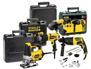 Zestaw elektronarzędzi Stanley FatMax: szlifierka kątowa 850W 125 mm + wyrzynarka 710W + opalarka elektryczna 2000W  + młotowiertarka SDS-Plus 750W