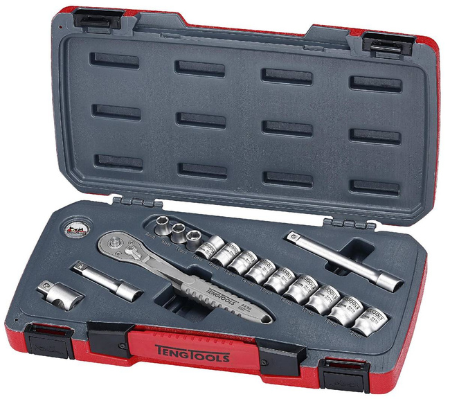 16-elementowy zestaw narzędzi nasadowych nierdzewnych z chwytem kwadratowym 3/8". Teng Tools TS3816 167520105