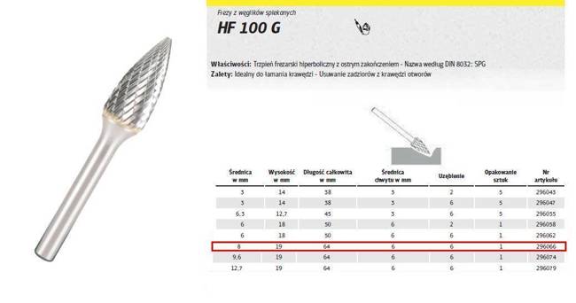 KLINGSPOR FREZ DO METALU HF 100 G FI=8,0x19mm TRZPIEŃ 6mm TYP SPG, HIPERBOLICZNY-SZPIC
