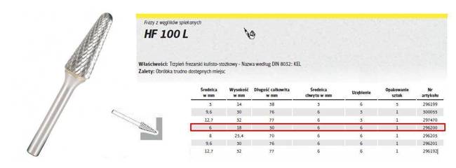 KLINGSPOR FREZ DO METALU HF 100 L FI=6,0x18mm TRZPIEŃ 6mm, TYP:KEL, STOŻKOWO-KULISTY